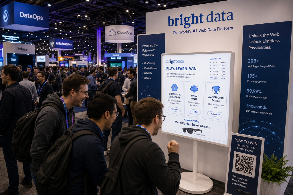 Attendees engaging with Bright Data interactive game at trade show booth
