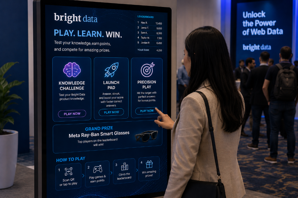 Attendee playing on touch screen at Bright Data event
