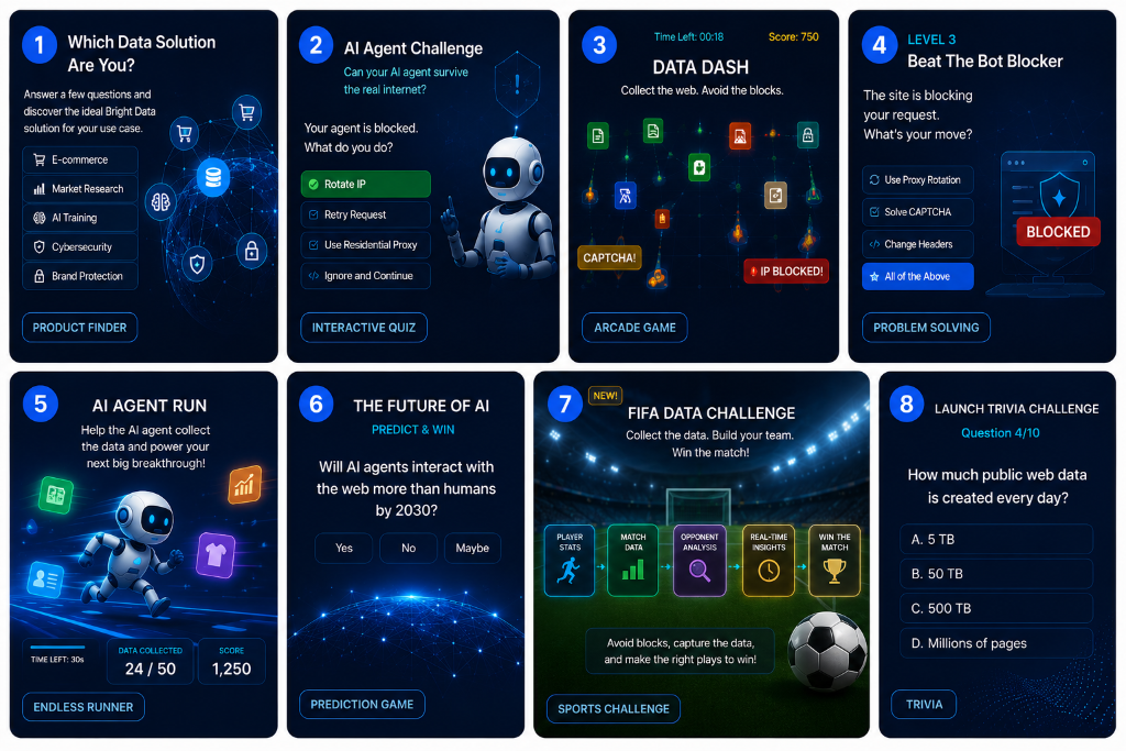 Game concepts: Which Data Solution, AI Agent Challenge, Data Dash, Beat The Bot Blocker, Launch Trivia, Future of AI