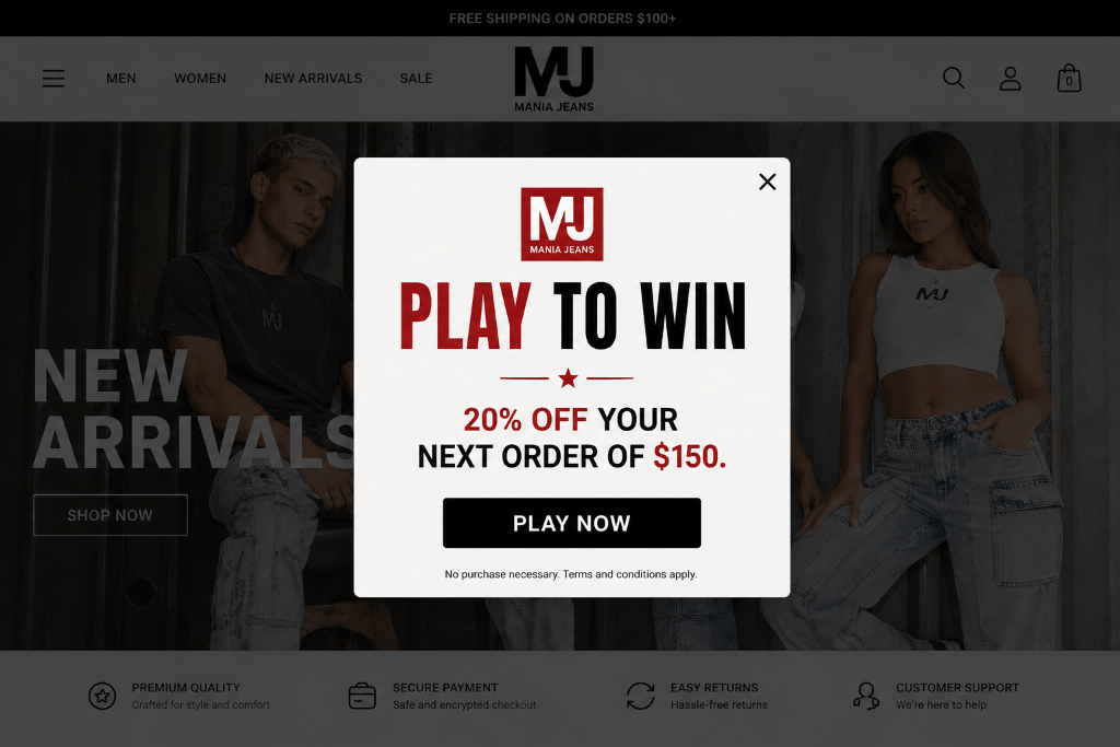 Mania Janes website pop-up play to win coupon game