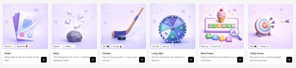 Row 3: Swipe, Ninja, Hockey, Lucky Spin, Word Guess, Twisty Arrow