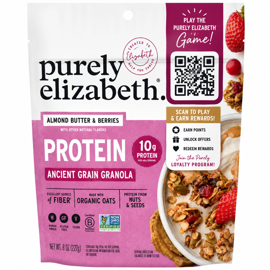 Purely Elizabeth product with QR code for loyalty game