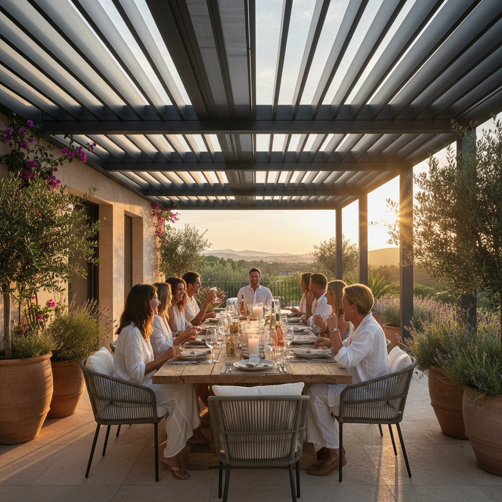Pergola bioclimatique avec déjeuner en famille
