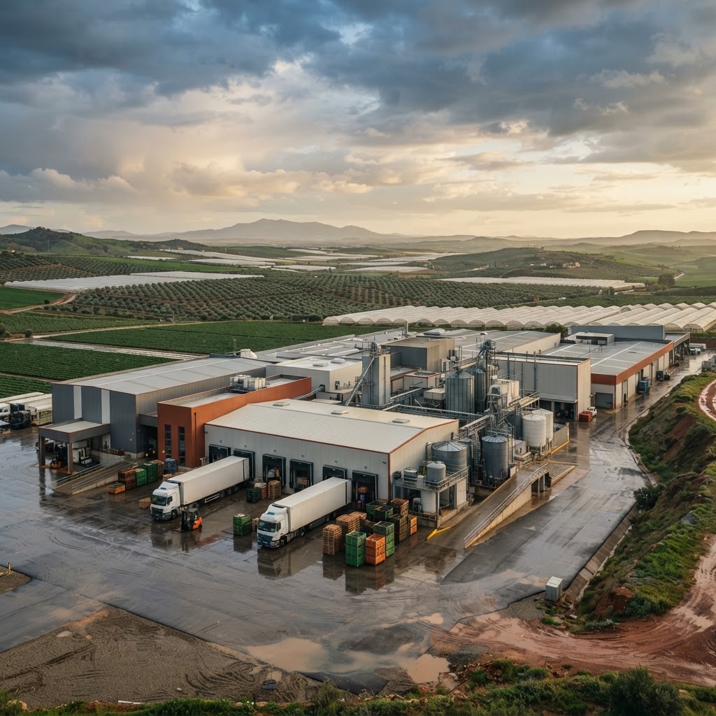 Industria agroalimentaria andaluza rodeada de cultivos tras las lluvias