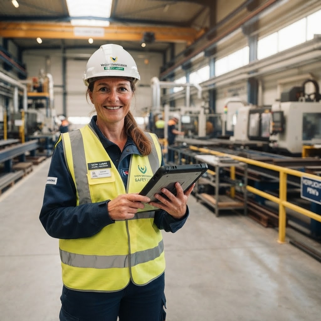 Dame veiligheidskundige in geel veiligheidsvest zonder bril