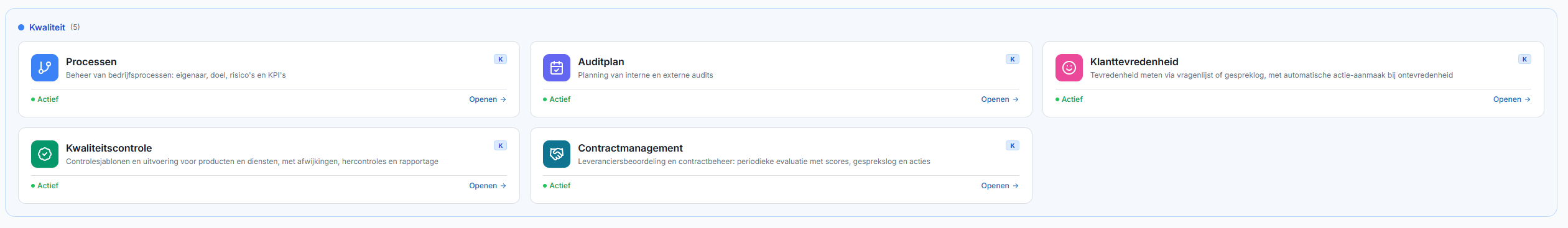 Kwaliteitsmodules: processen, auditplan, klanttevredenheid, kwaliteitscontrole en contractmanagement
