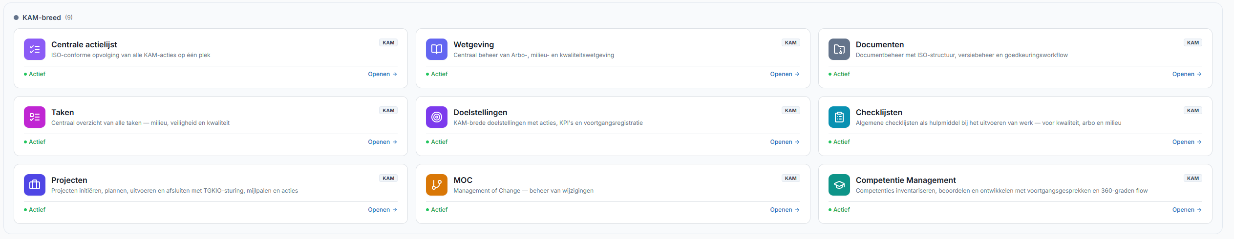 KAM-brede modules: actielijst, wetgeving, documenten, projecten en competentie management