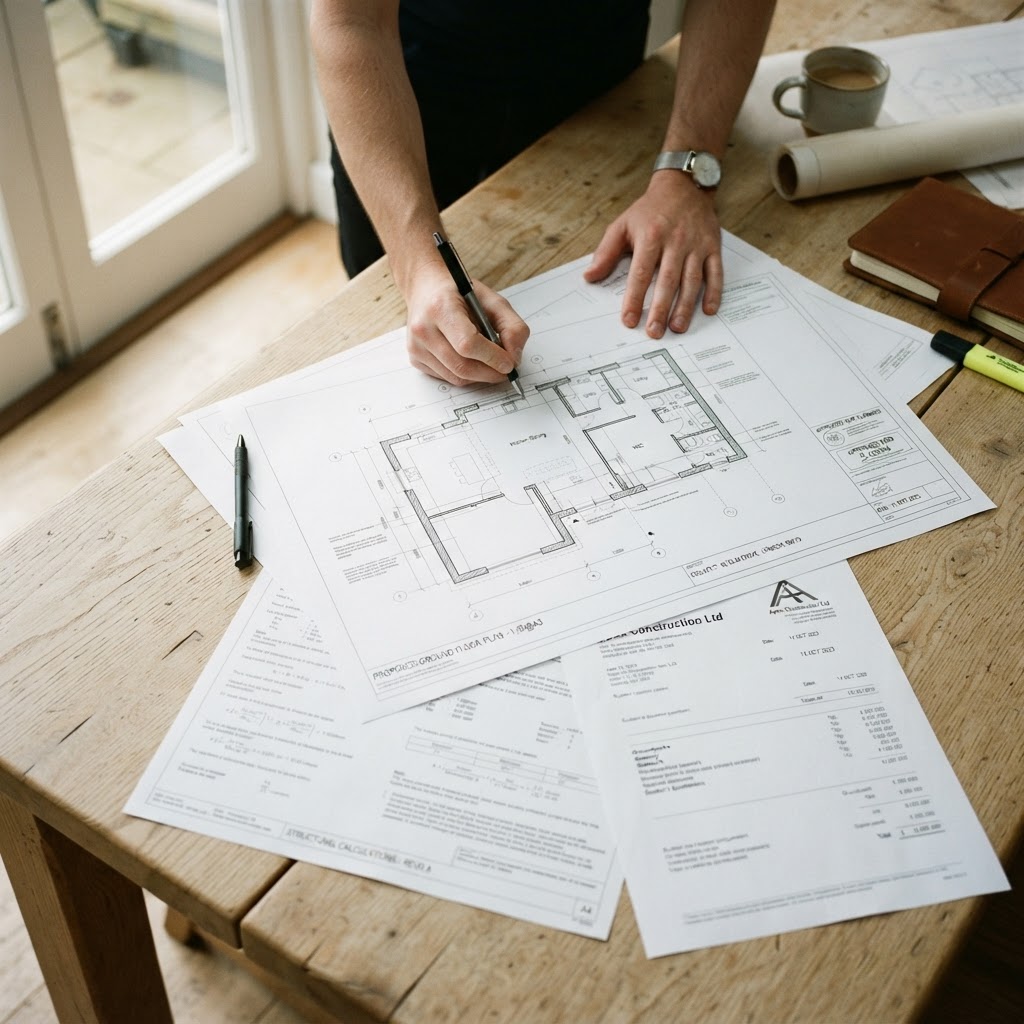 Project drawings, structural calculations and a builder quotation being reviewed on a table