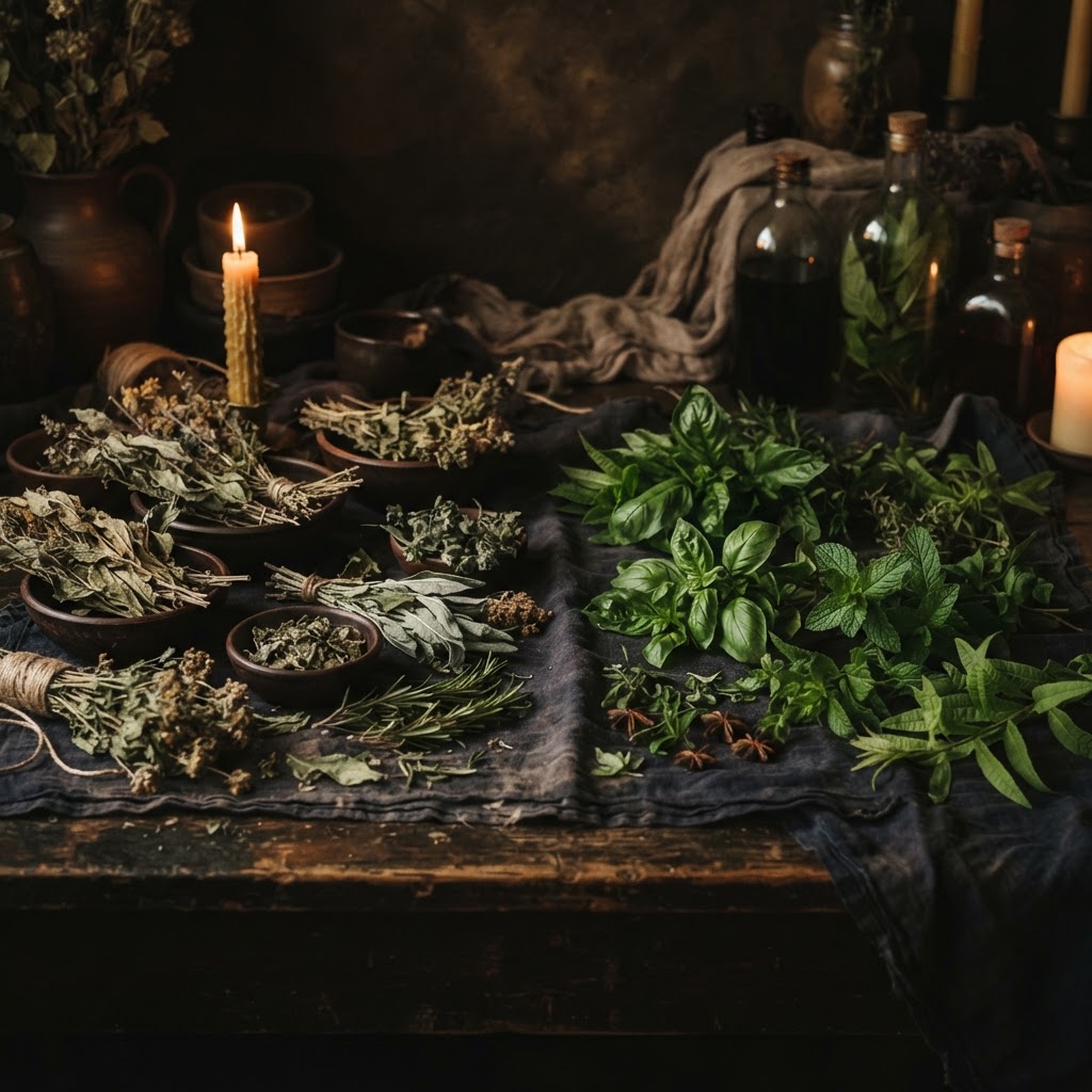 A collection of fresh green herbs and botanical ingredients laid out on a wooden table.