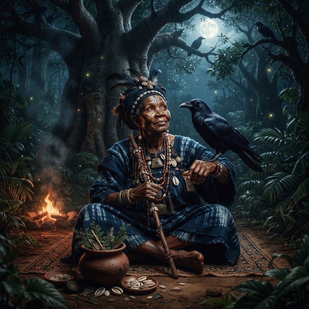 An artistic representation of the primordial feminine force Iyami Oshoronga in Yoruba spiritual art
