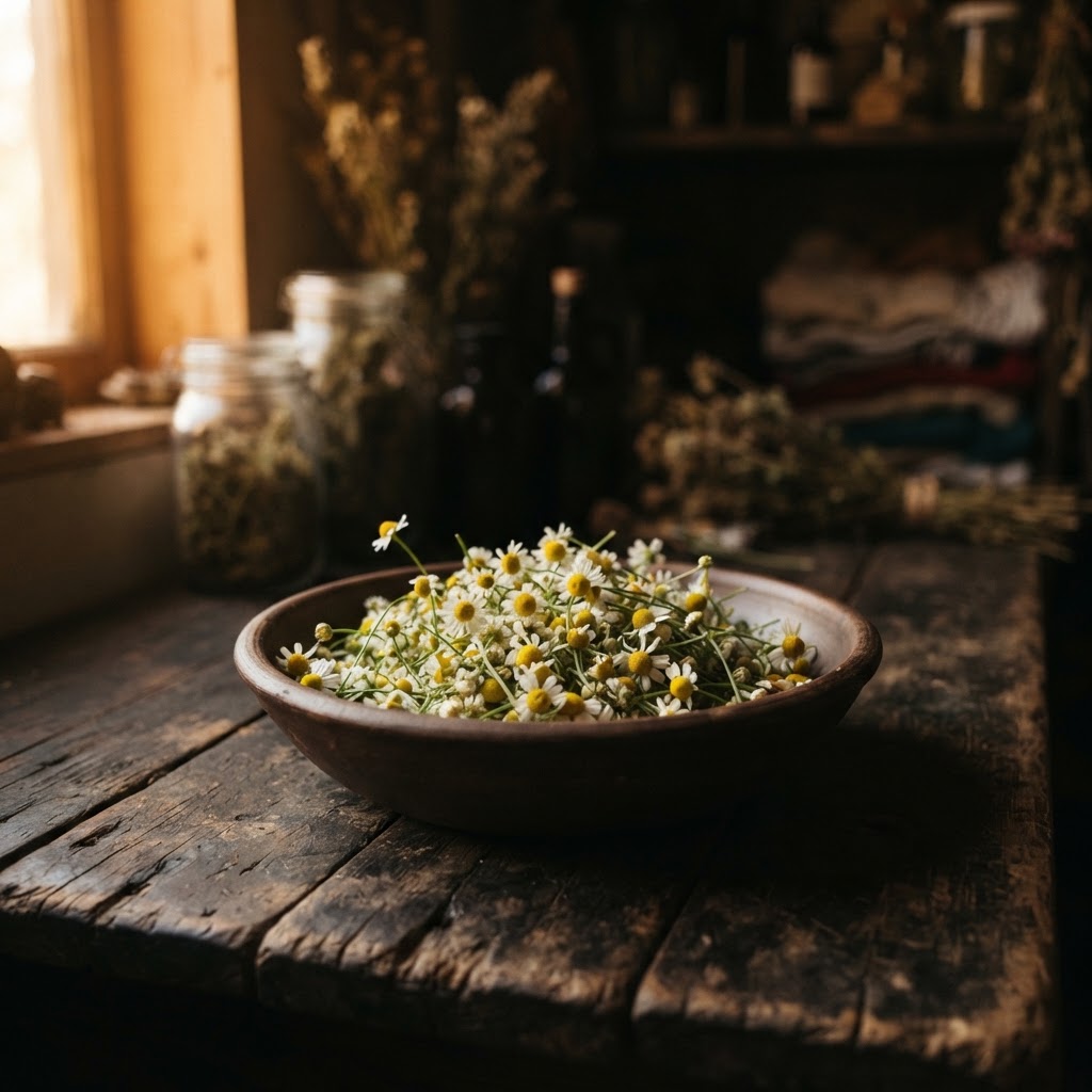 A beautiful, close-up photo of fresh chamomile flowers in a sunlit garden setting.
