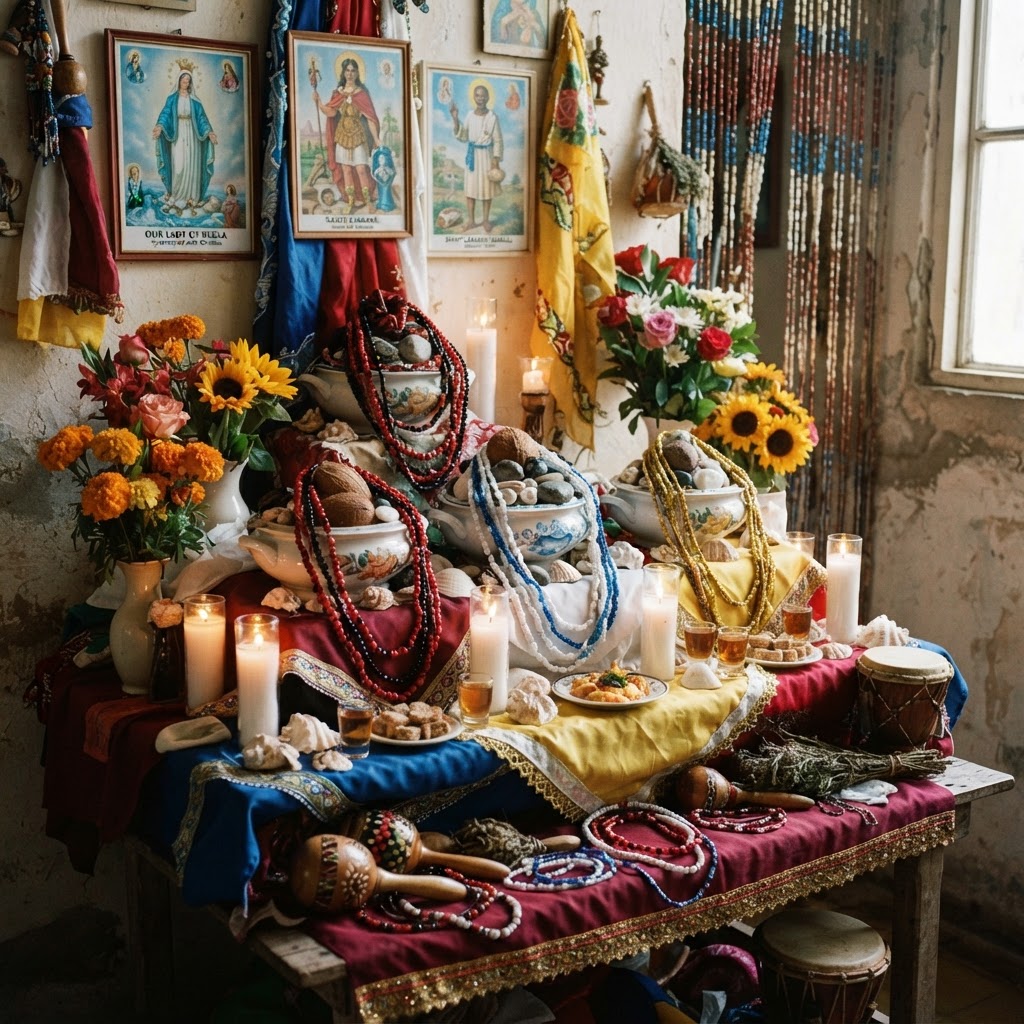 A serene, respectful altar arrangement for Santeria rituals illustrating the importance of cultural respect.