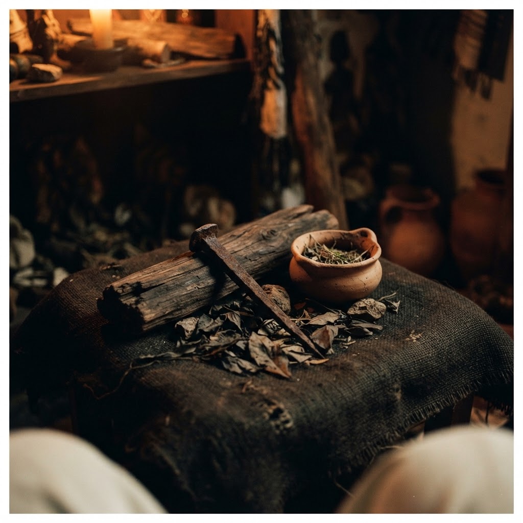 A collection of wooden sticks, shells, and iron items arranged on a wooden surface.