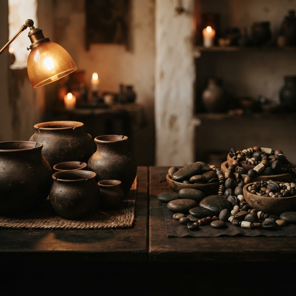 A wooden table featuring a traditional Santeria sopera and a Palo Mayombe iron cauldron.