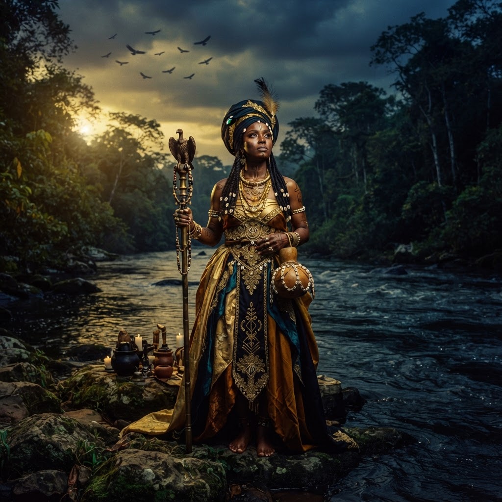 Ethereal depiction of Oshun as Ibu Ikole with golden light and a vulture.
