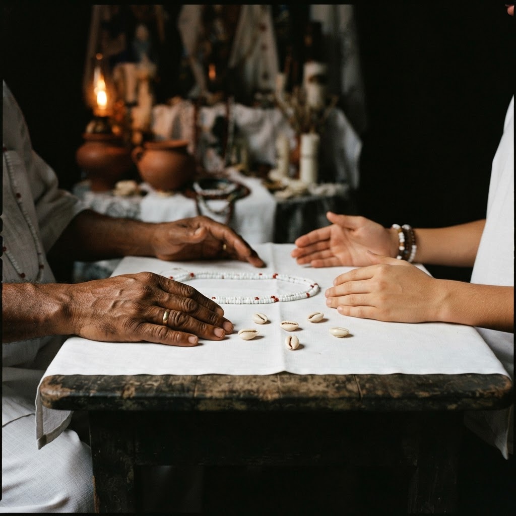 An elder’s hands and a younger person’s hands on a white cloth, with an eleke and cowrie shells between them