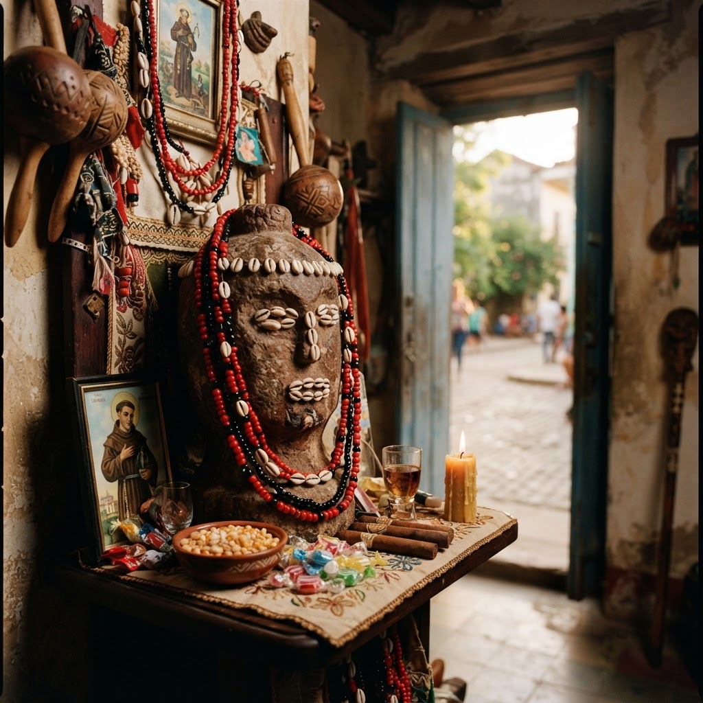 Altar tradicional de Eleguá Orisha con cuentas rojas y negras, velas y ofrendas espirituales.
