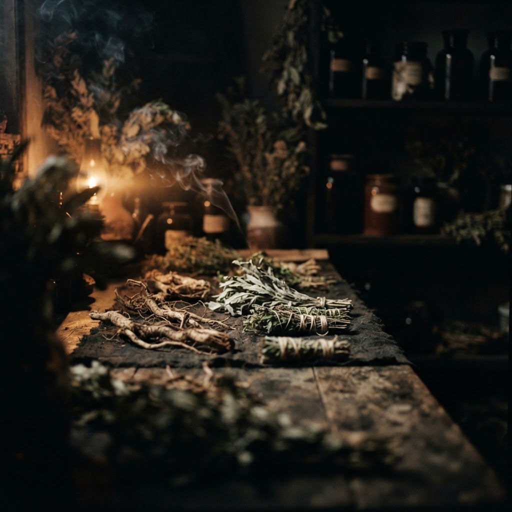A peaceful home altar or Boveda set up with candles, flowers, and water glasses.