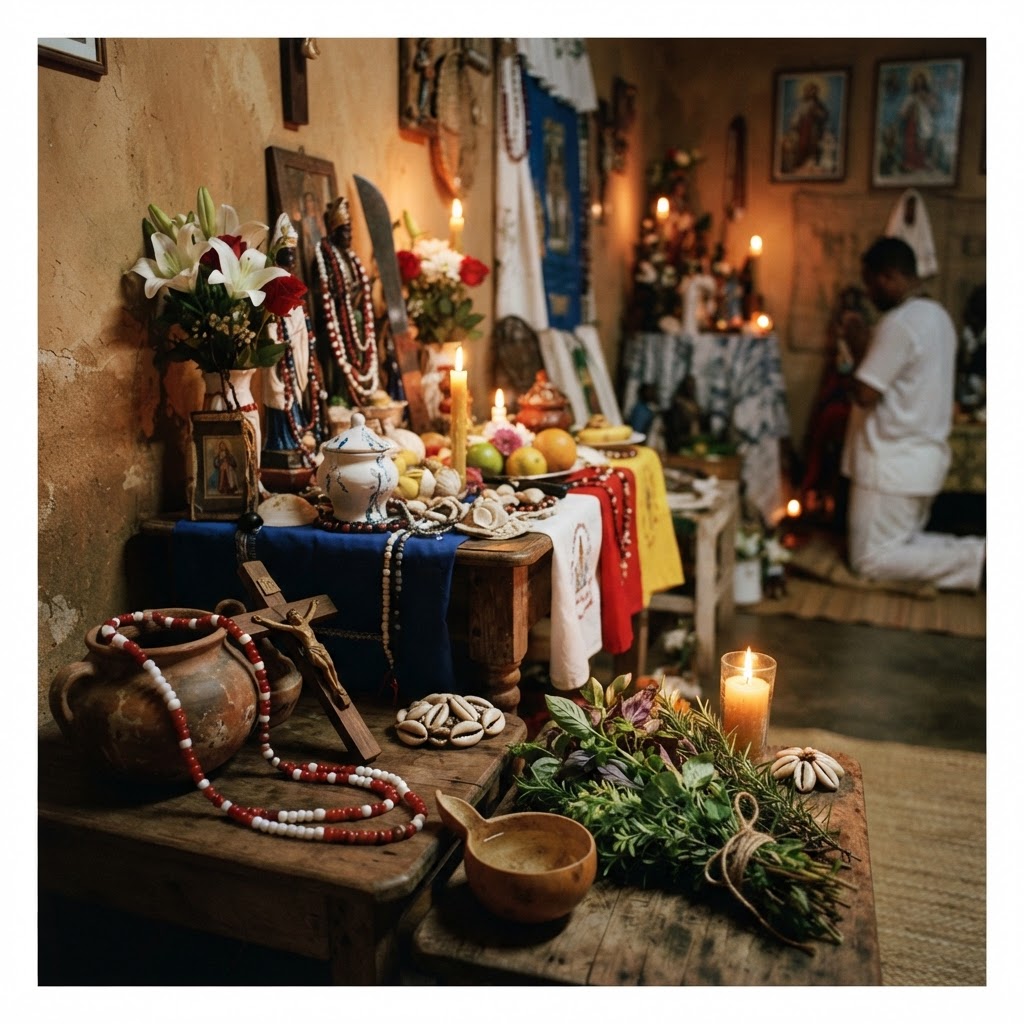 A respected elder providing spiritual mentorship to a seeker within a traditional Lucumi ile