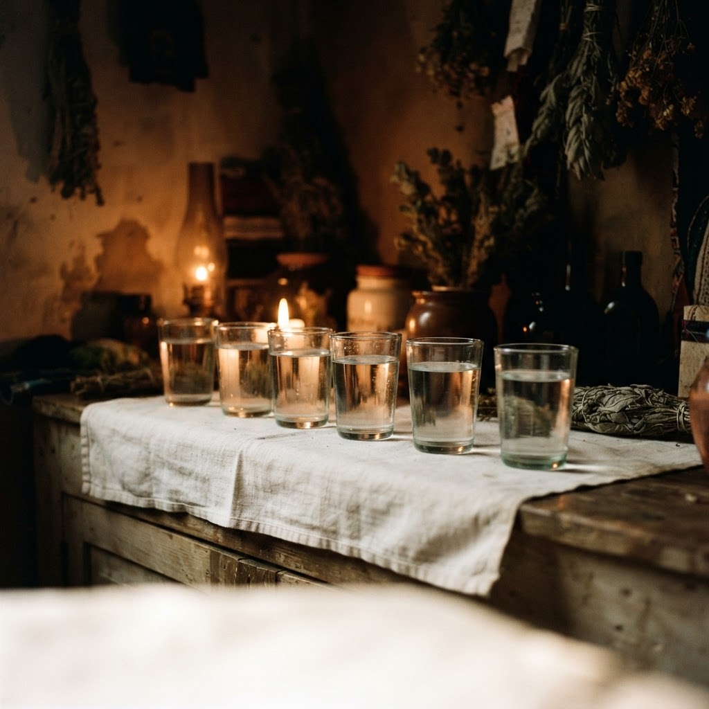 A serene white bóveda with candles and flowers, representing Espiritismo's connection to the spirit world.