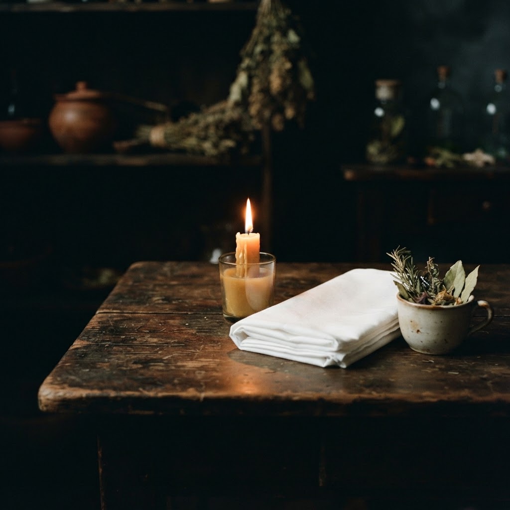 A peaceful home altar with a boveda and symbolic imagery of guardian angels.