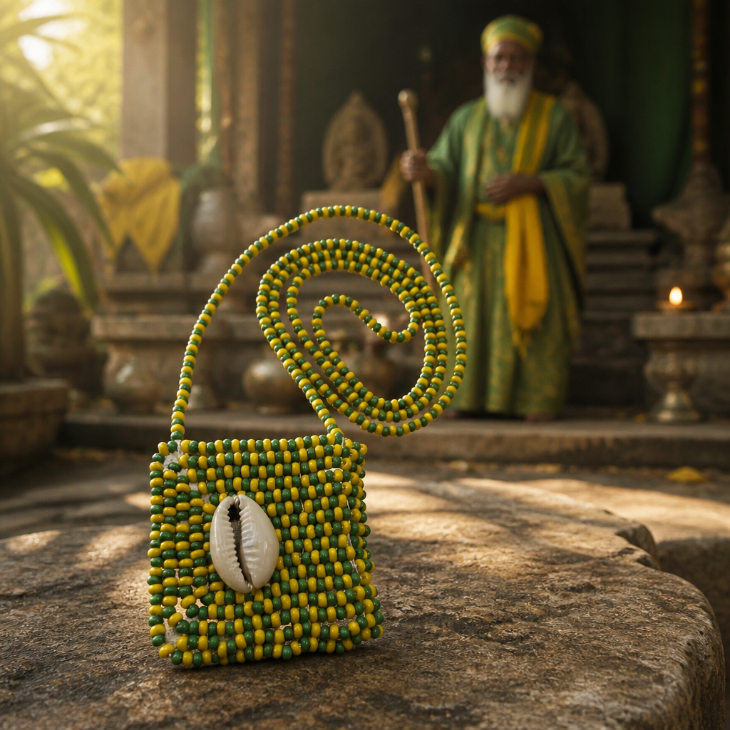 Handmade Eleke de Orúnmila Necklace with Macuto - Green & Yellow Yoruba Santeria Orisha - SanteriaGuide