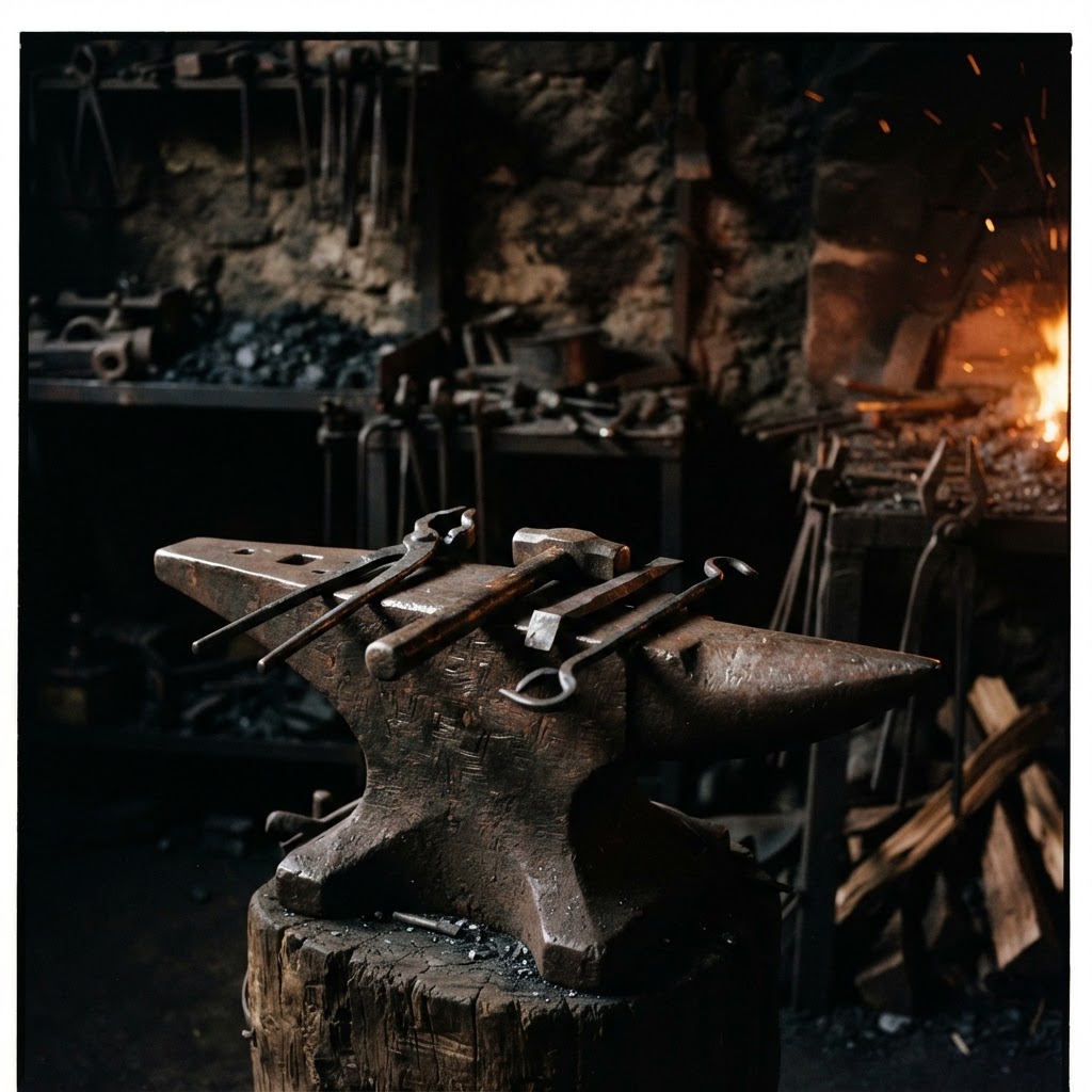 A traditional iron machete resting on a wooden surface with subtle ritual offerings nearby.