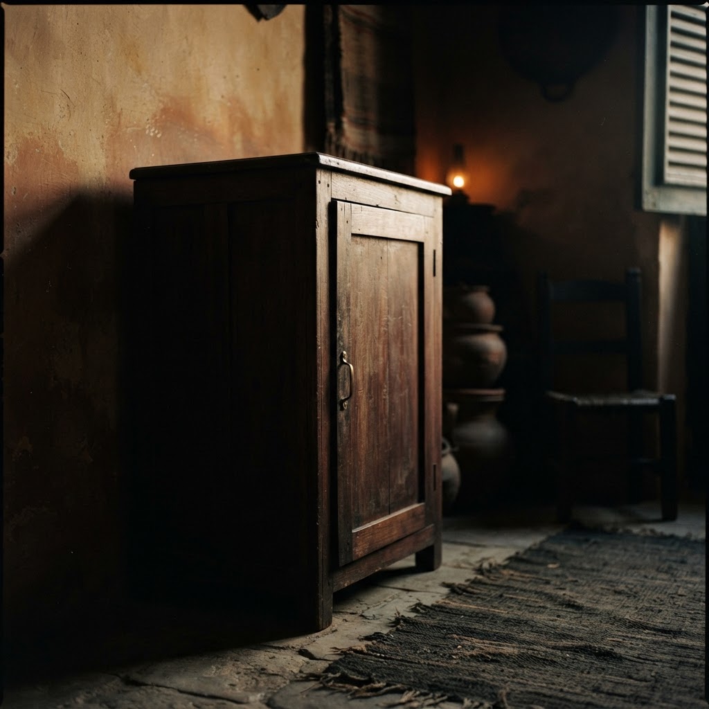 A dimly lit, respectful interior view of a home altar space in a traditional setting.