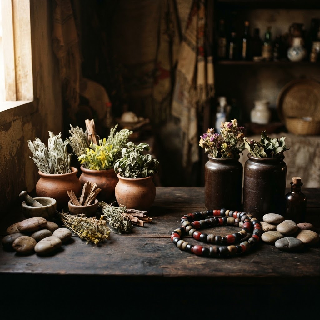 A peaceful altar setup featuring a traditional water-based bóveda alongside religious imagery.