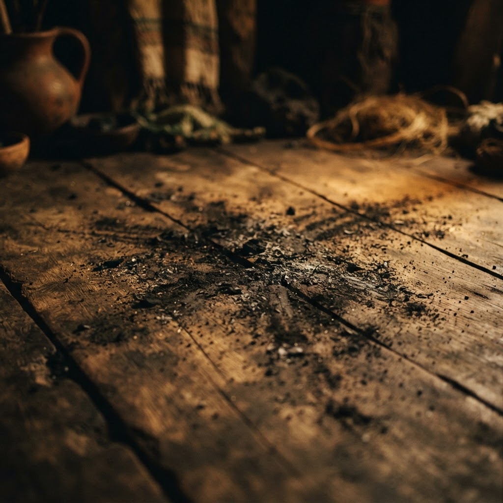 A dimly lit room with an intricate, white, chalk-drawn symbol on the floor, surrounded by ritual offerings and candles.