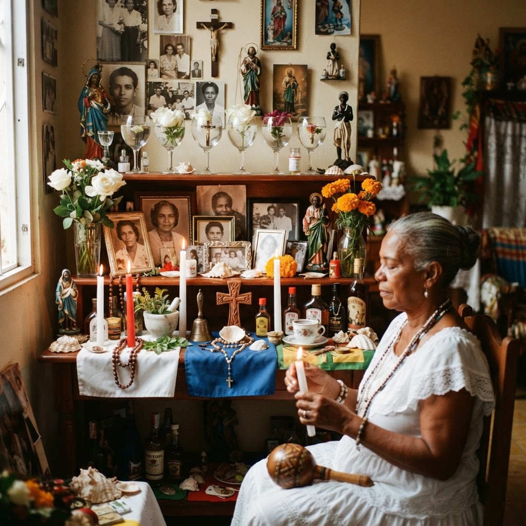 A peaceful and respectful ancestral altar in an Espiritismo home, featuring candles, fresh flowers, and vintage family photographs.