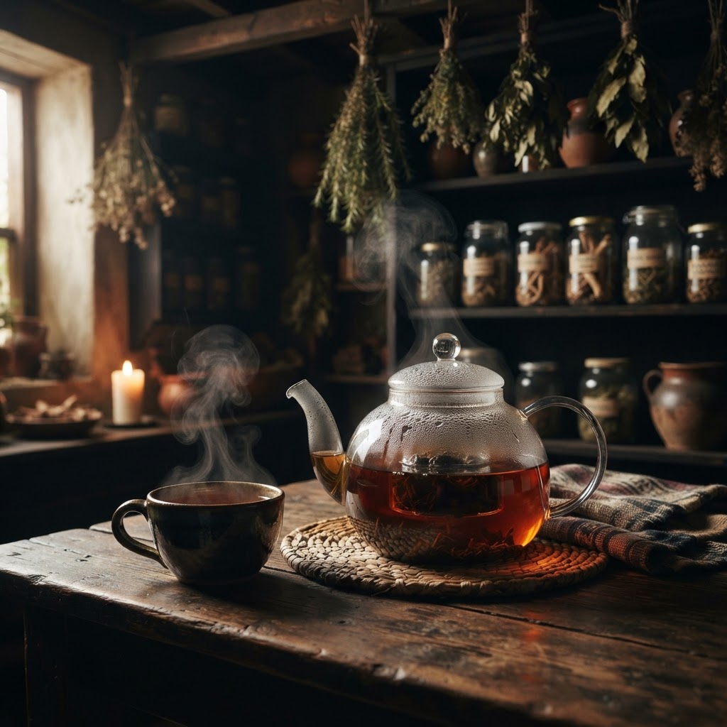 Una taza de té humeante junto a plantas secas sobre una mesa de madera