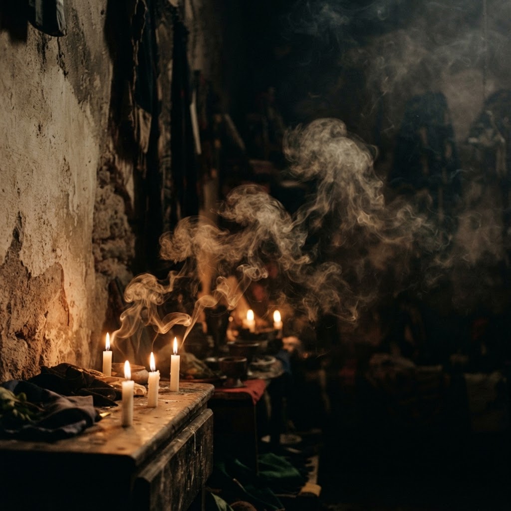 A traditional, stylized geometric spiritual symbol traced in white powder on the earth.