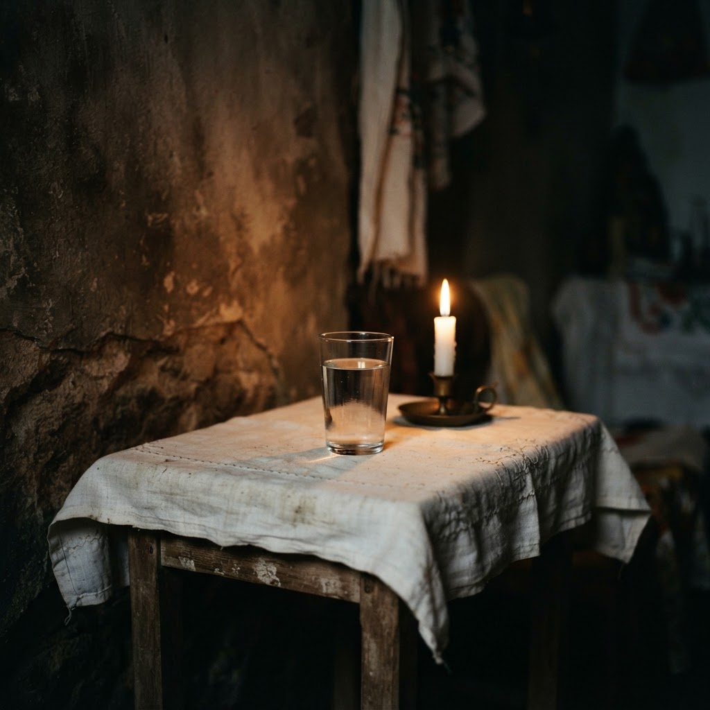 A peaceful, clean white table with glasses of water and white flowers representing a bóveda.