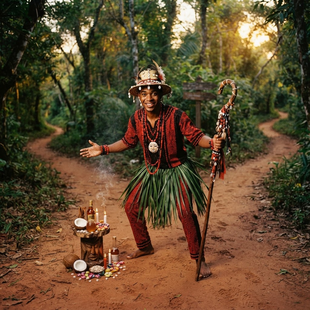 A peaceful altar setup honoring the energies of Elegua, Eshu, and Ilde with respect and reverence.