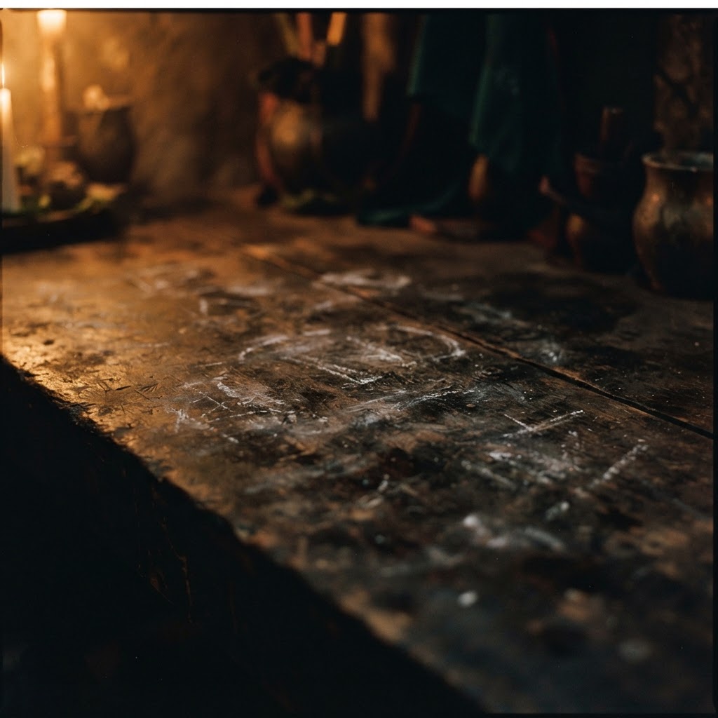 A collection of traditional spiritual marks etched into the earth with white chalk.