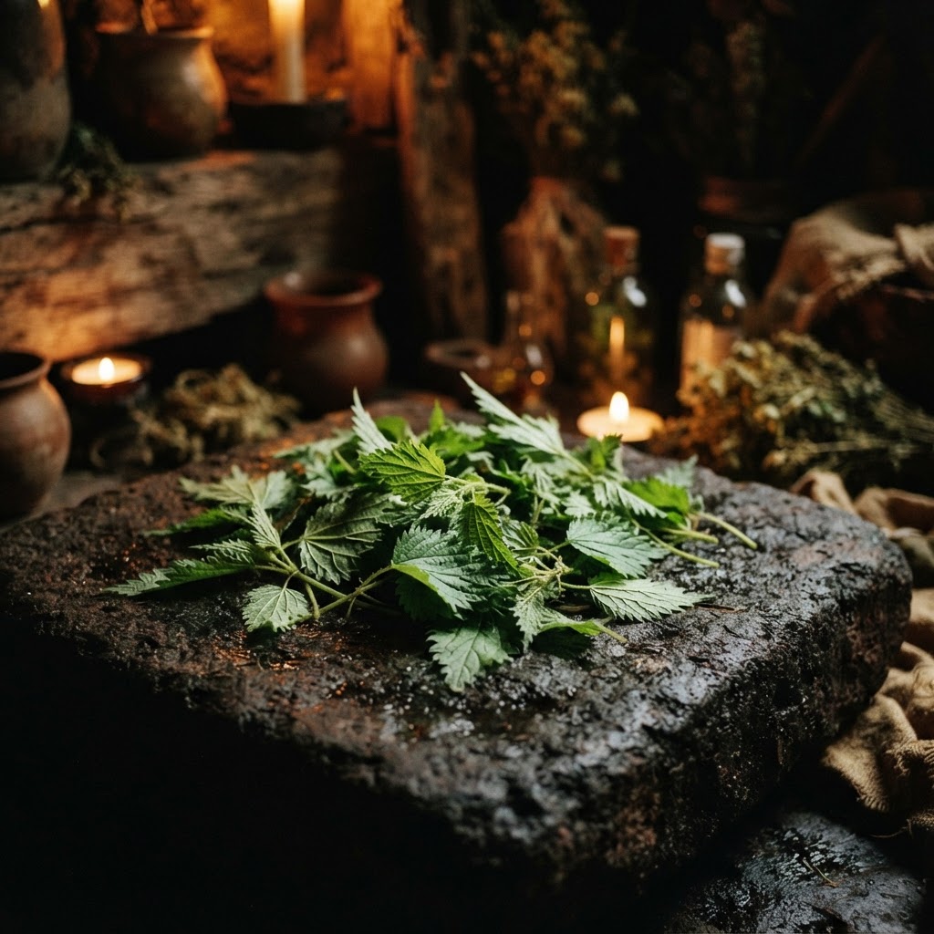A bundle of fresh, green stinging nettle leaves resting on a rustic wooden table.