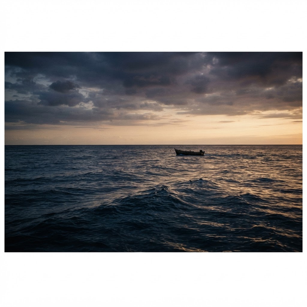 An artistic representation of the deep ocean waves meeting a misty horizon at dusk.