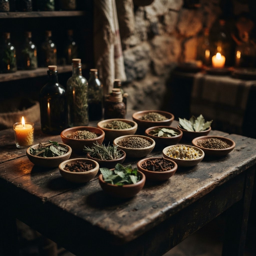 A wooden table featuring loose leaf herbal tea, a small bowl of herbs, and a clear glass teapot.