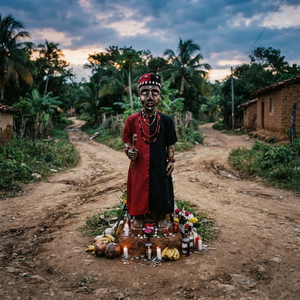 A small stone statue of Eshu Eleguá placed on a clean white cloth.