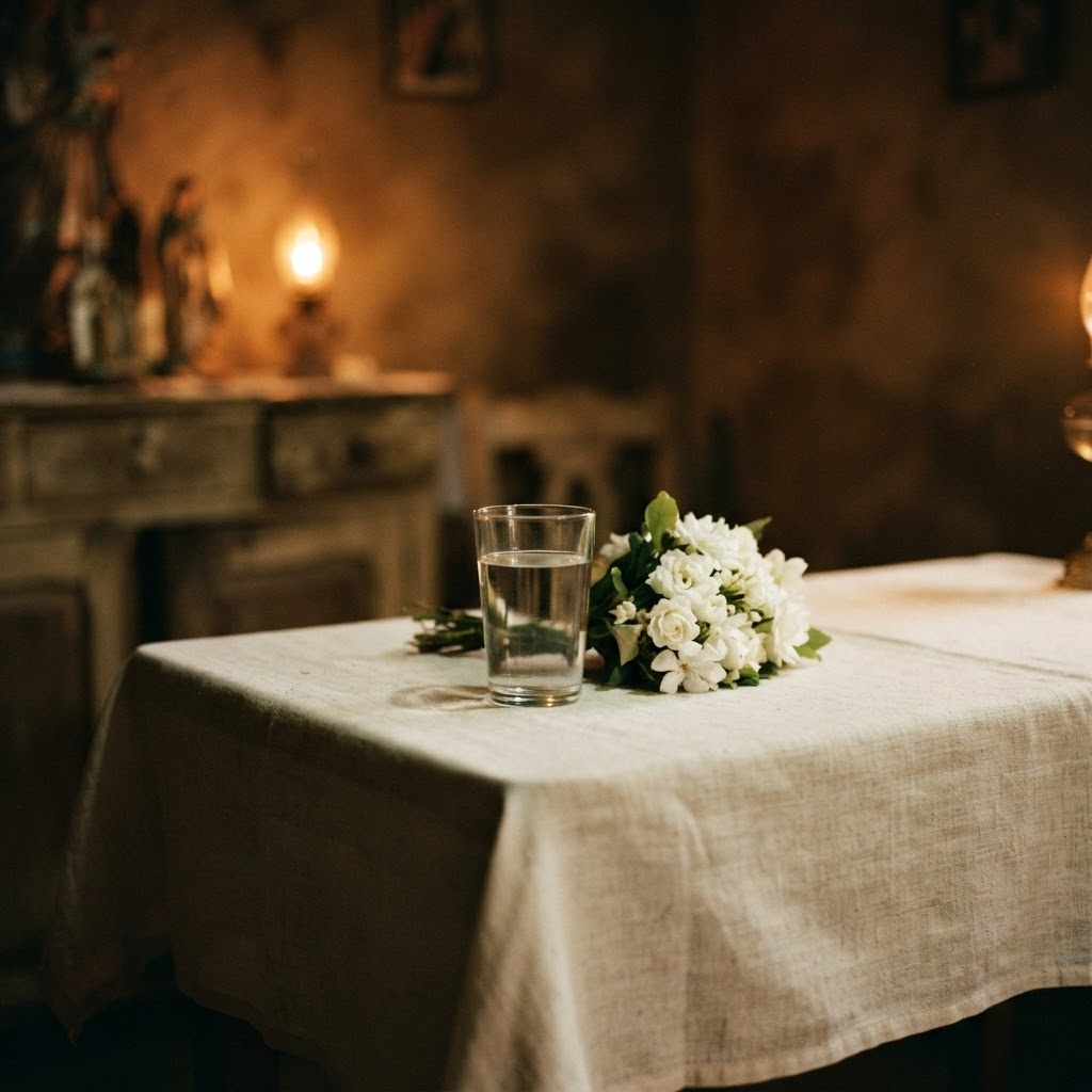 A peaceful and clean bóveda altar with glasses of water, white candles, and flowers.