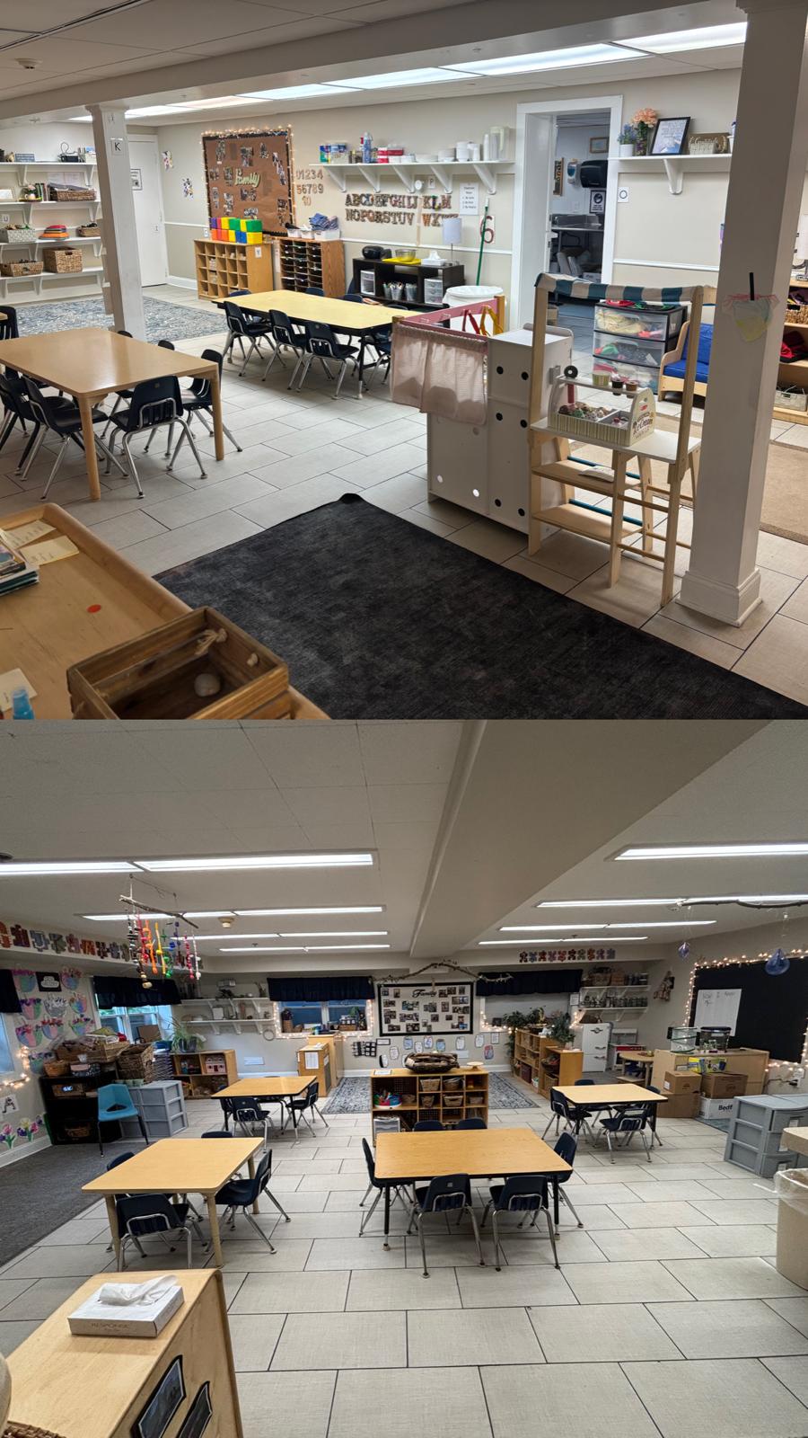 Preschool classroom with art and reading areas