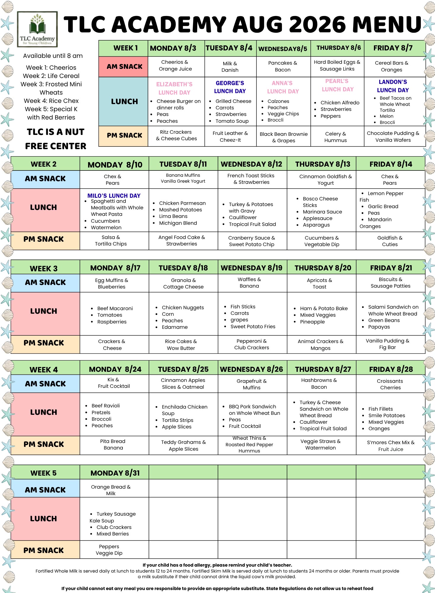 TLC Academy Menu
