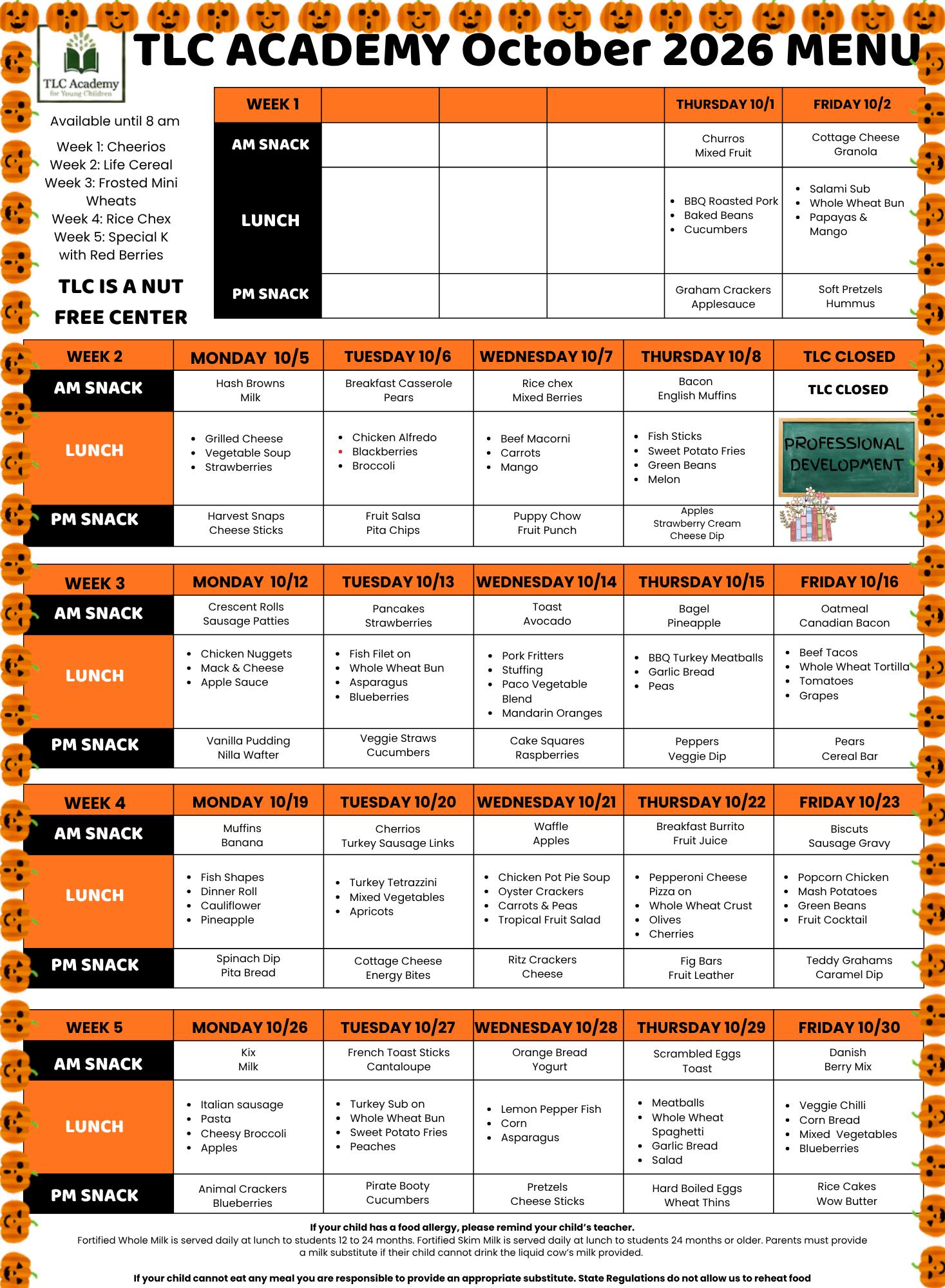 TLC Academy Menu