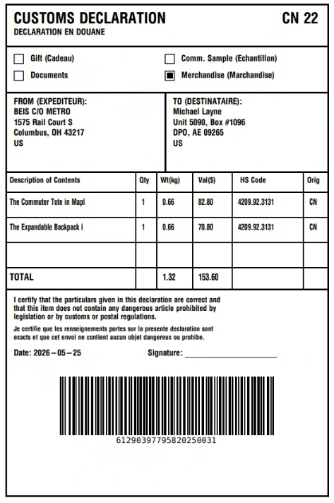 CN22 Form — Sample