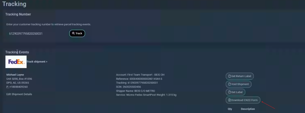Tracking Page — Download CN22 Form