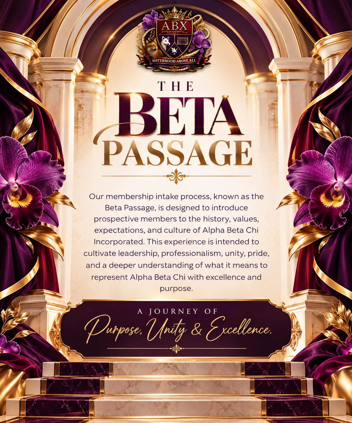 The Beta Passage — a formal portal entrance framing our intake process, with the Alpha Beta Chi crest above and the words “A Journey of Purpose, Unity & Excellence.”