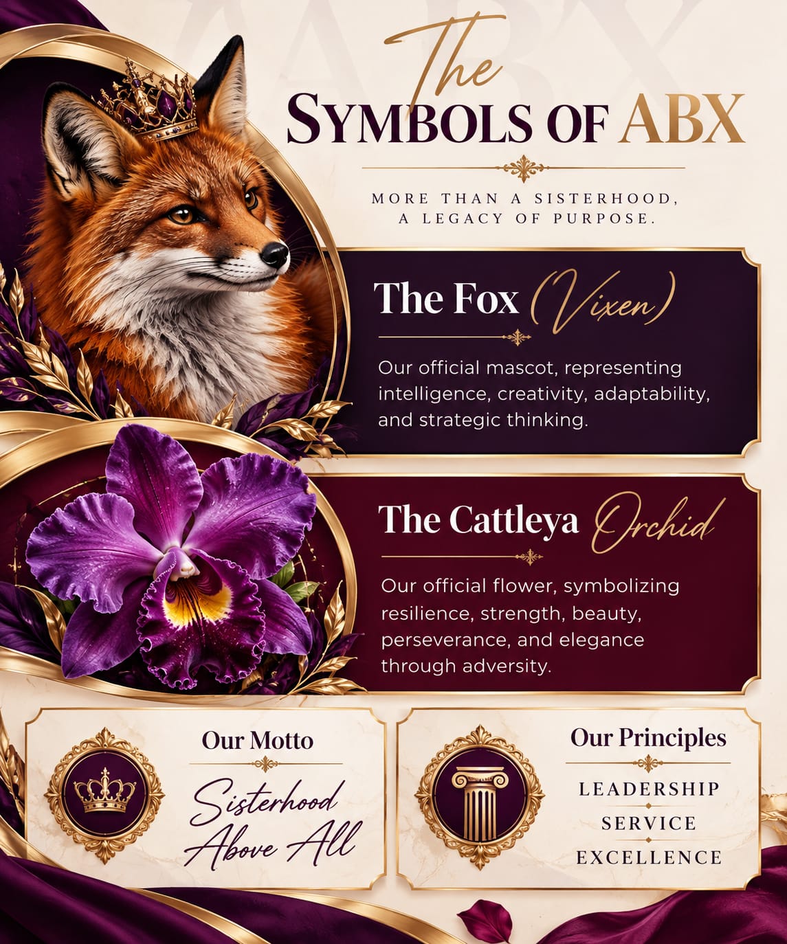 The Symbols of ABX — The Fox (Vixen), our official mascot; The Cattleya Orchid, our official flower; our motto, Sisterhood Above All; and our principles, Leadership, Service, and Excellence
