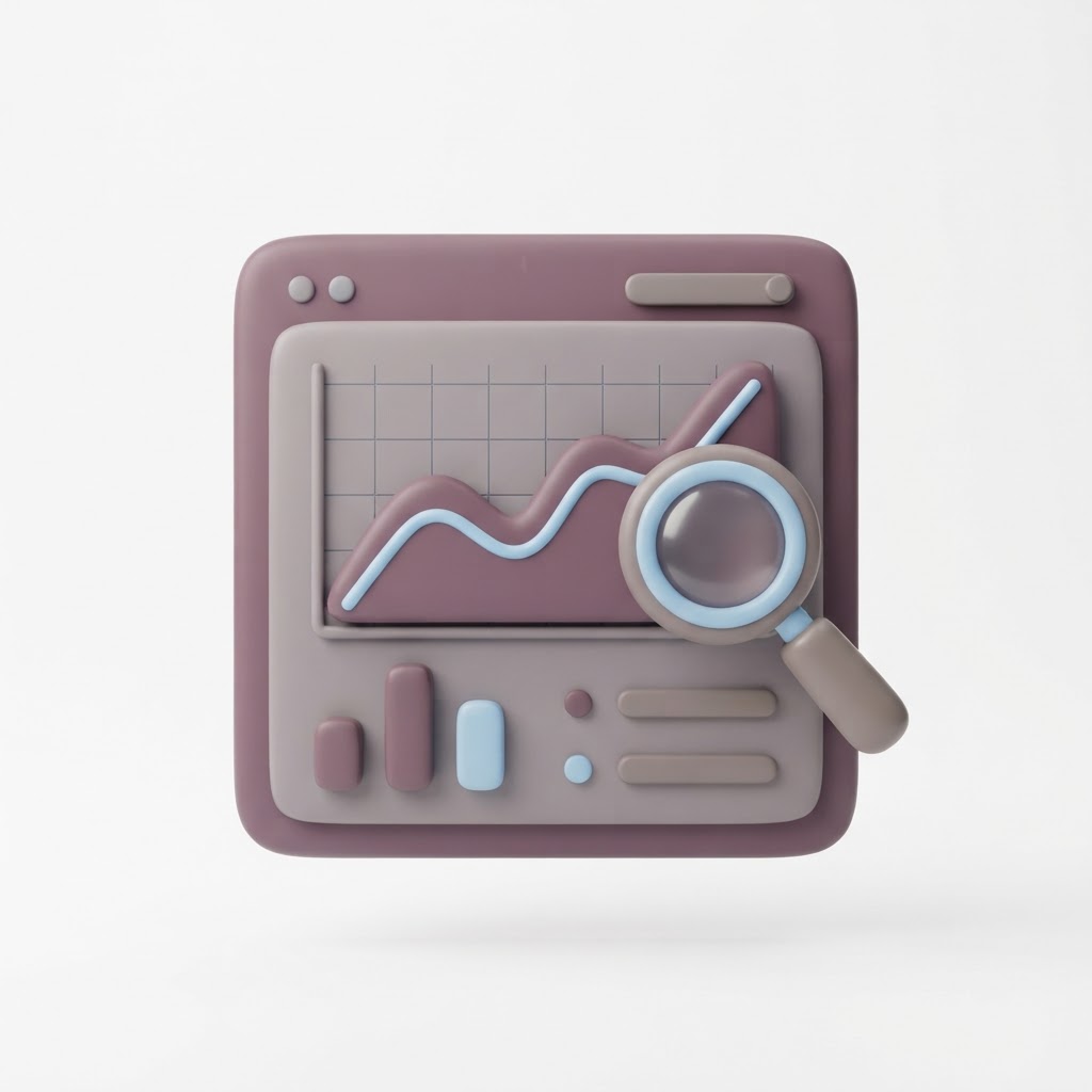 Illustration of a dashboard panel with a line chart, bars, and a magnifying glass