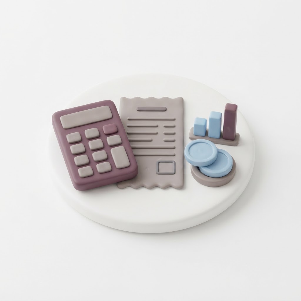 Illustration of a calculator, an invoice document, and stacked coins
